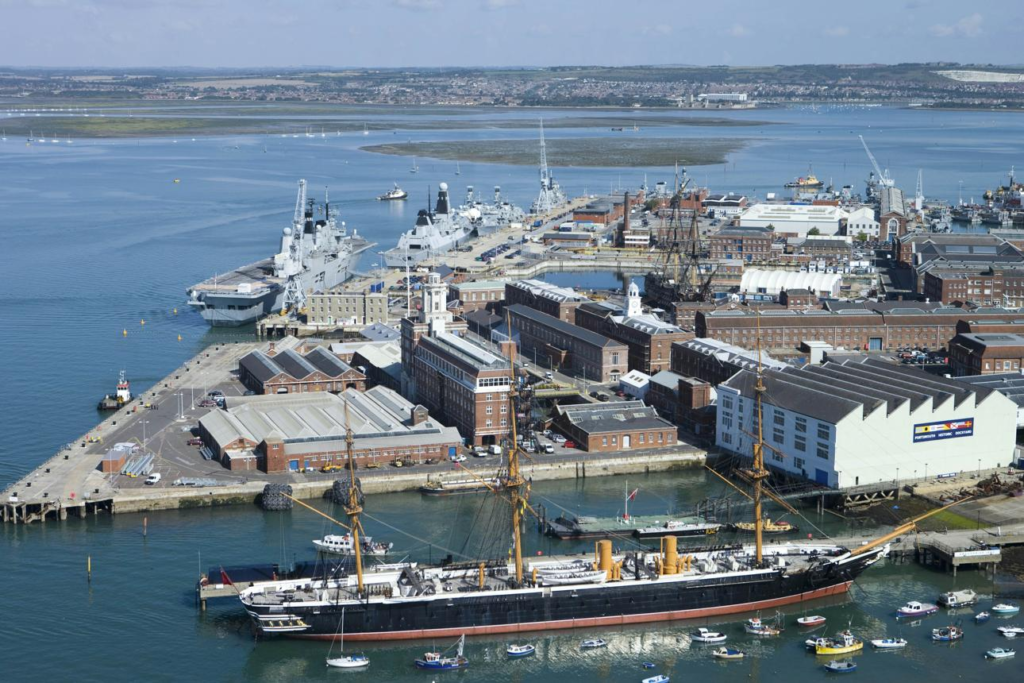 Historic dockyard and landmarks in Portsmouth