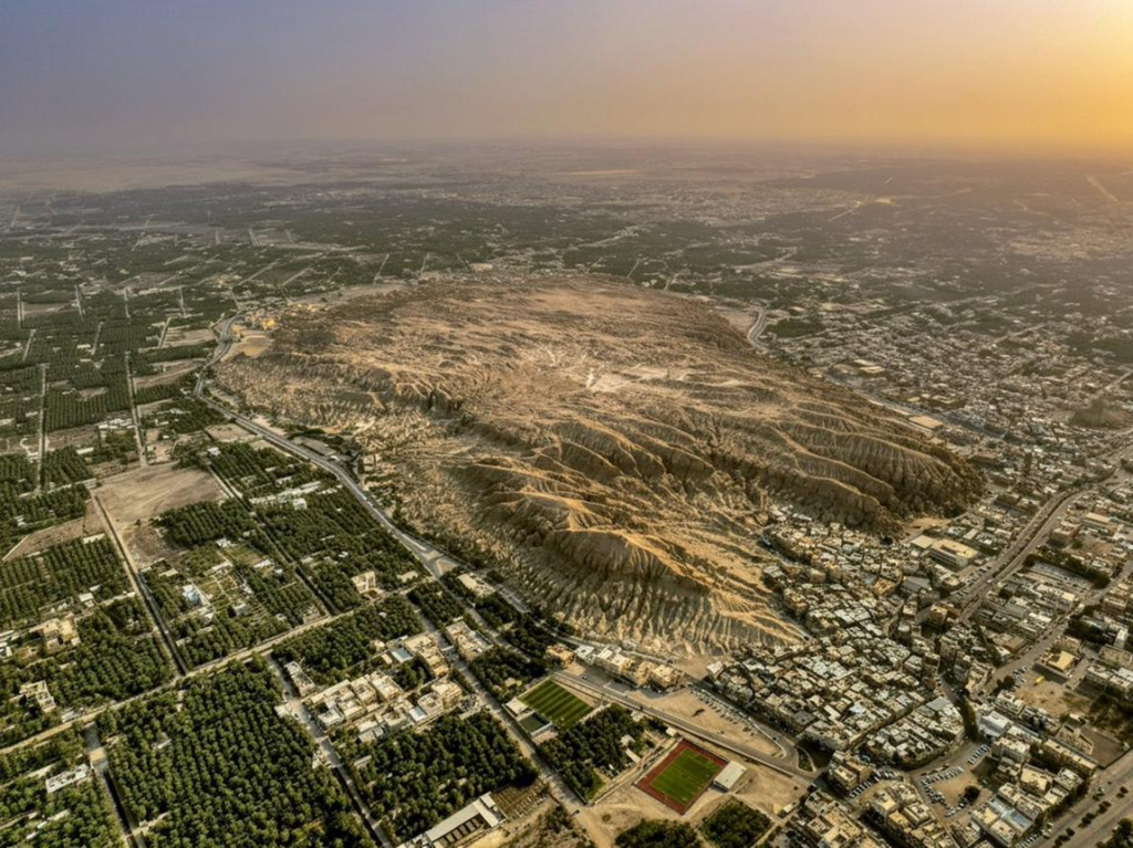 Limestone cliffs and caves at Al Qarah Mountain in Al Ahsa.