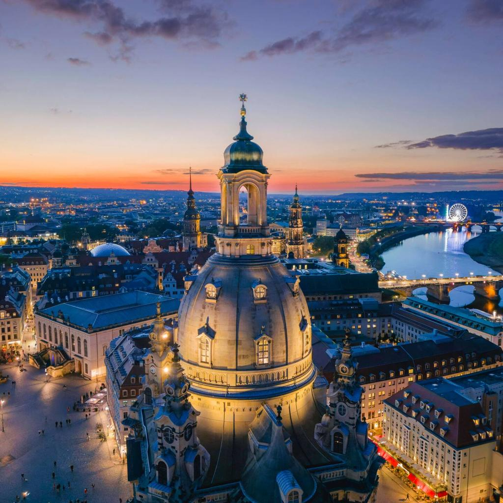 Frauenkirche church and historic Dresden skyline in Germany.