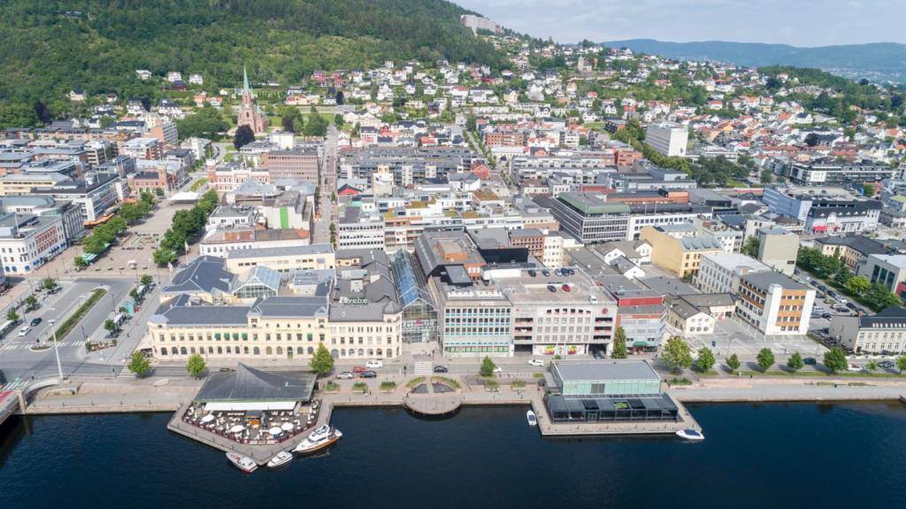 Streets and buildings in central Drammen Norway.