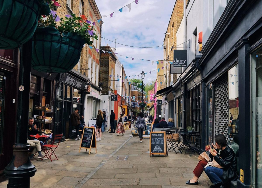 Camden Passage market street in Islington London.