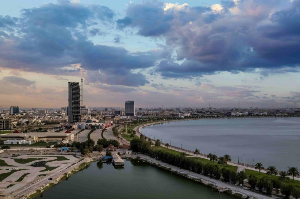 An aerial view of Dammam showing the city skyline along the Persian Gulf coastline.