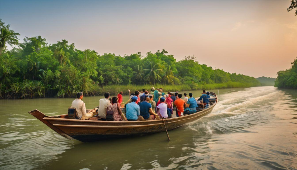 Visitors exploring the Sundarbans mangrove forest near Khulna, Bangladesh, on a guided boat tour.