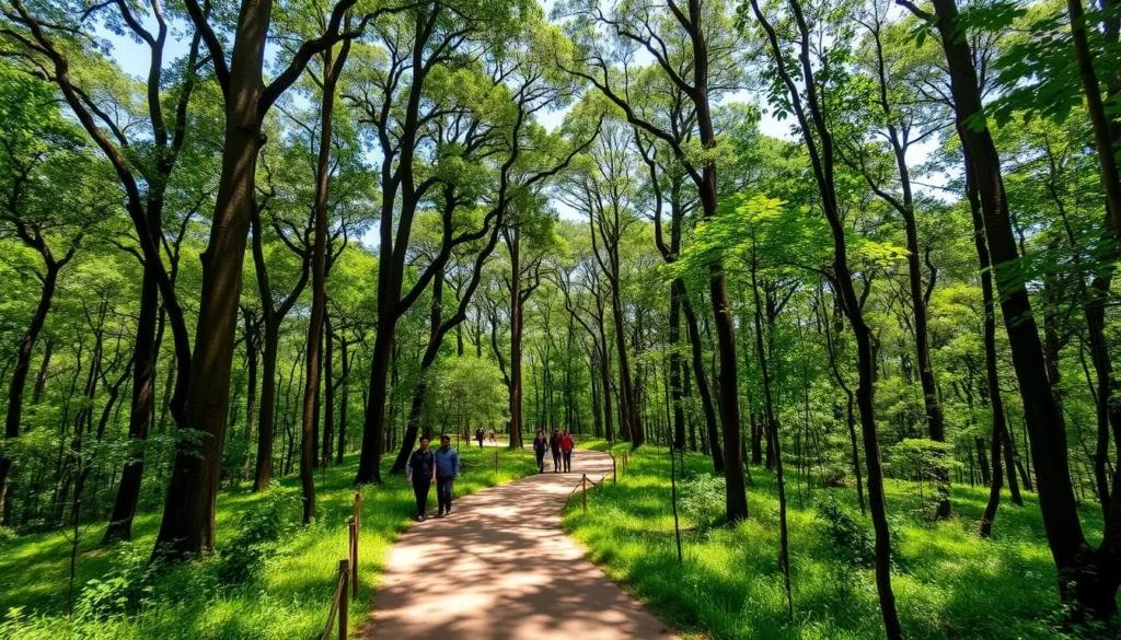 Visitors exploring Bhawal National Park near Gazipur, Bangladesh, with lush greenery and forest trails.