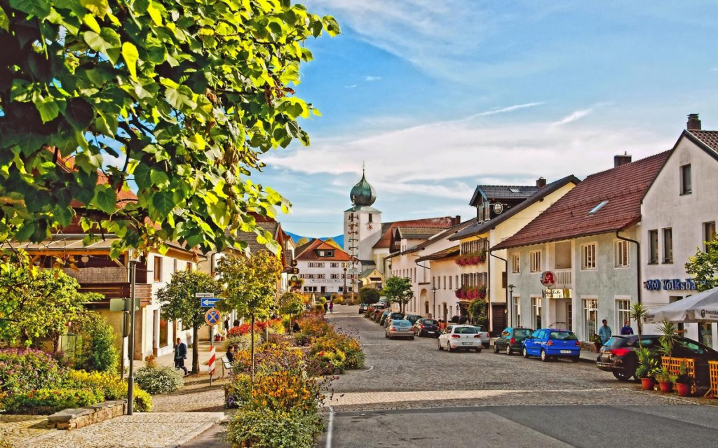 Village street in Llam Bavaria showing traditional German architecture.