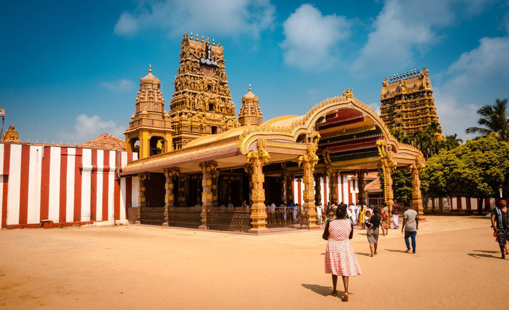 Visitors exploring Nallur Kandaswamy Kovil, a historic Hindu temple in Jaffna, Sri Lanka.