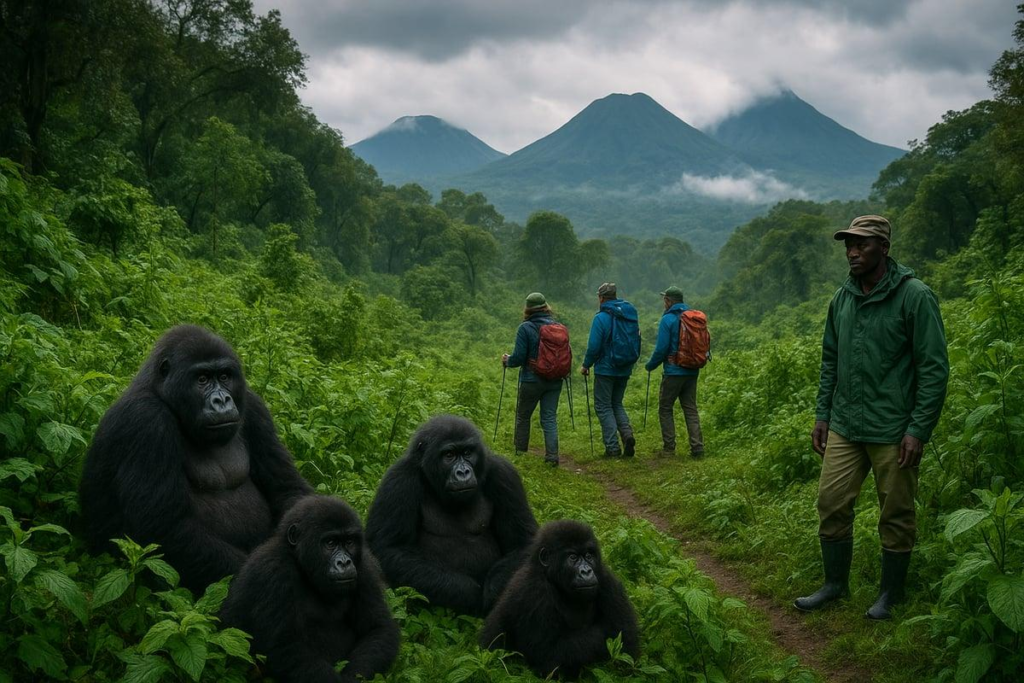 Visitors trekking in Volcanoes National Park near Musanze, Rwanda, surrounded by lush forests and volcanoes.