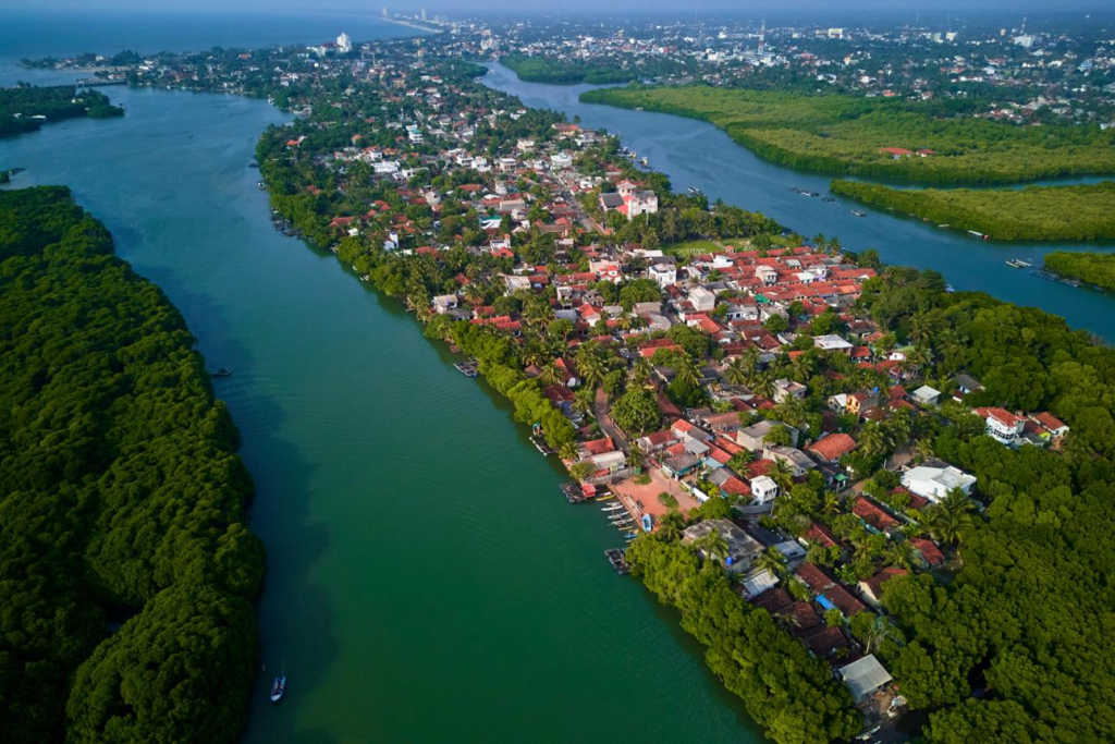 An aerial view of Negombo Lagoon bordered by fishing boats, palm trees, and coastal neighborhoods.