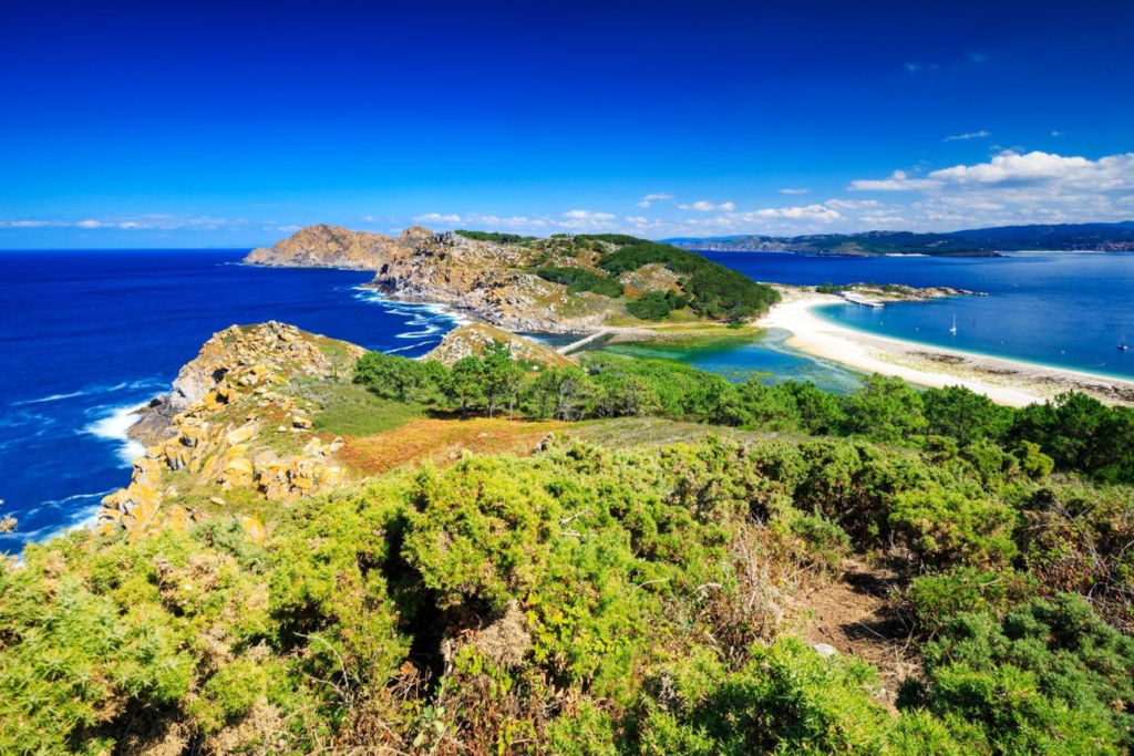 White sandy beaches and turquoise waters of the Cíes Islands near Vigo.