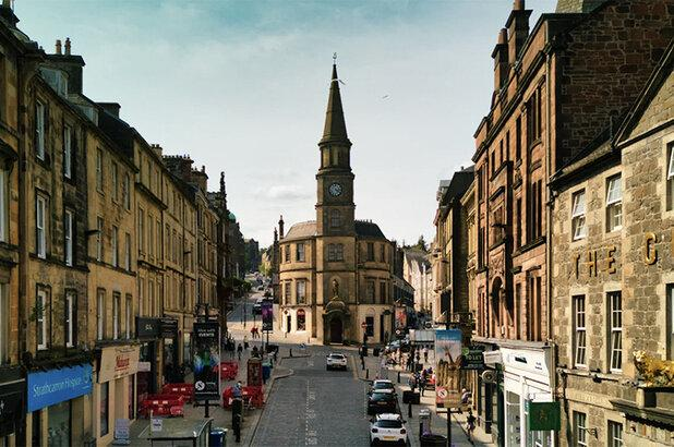 Historic streets and traditional stone buildings in Stirling Old Town.