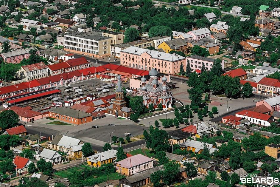 Central streets and buildings in Barysaw, Belarus.