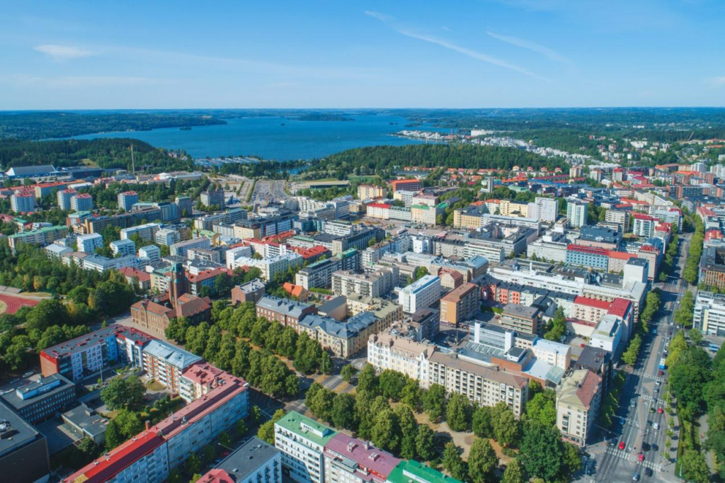 Aerial view of Lahti city and surrounding lakes.