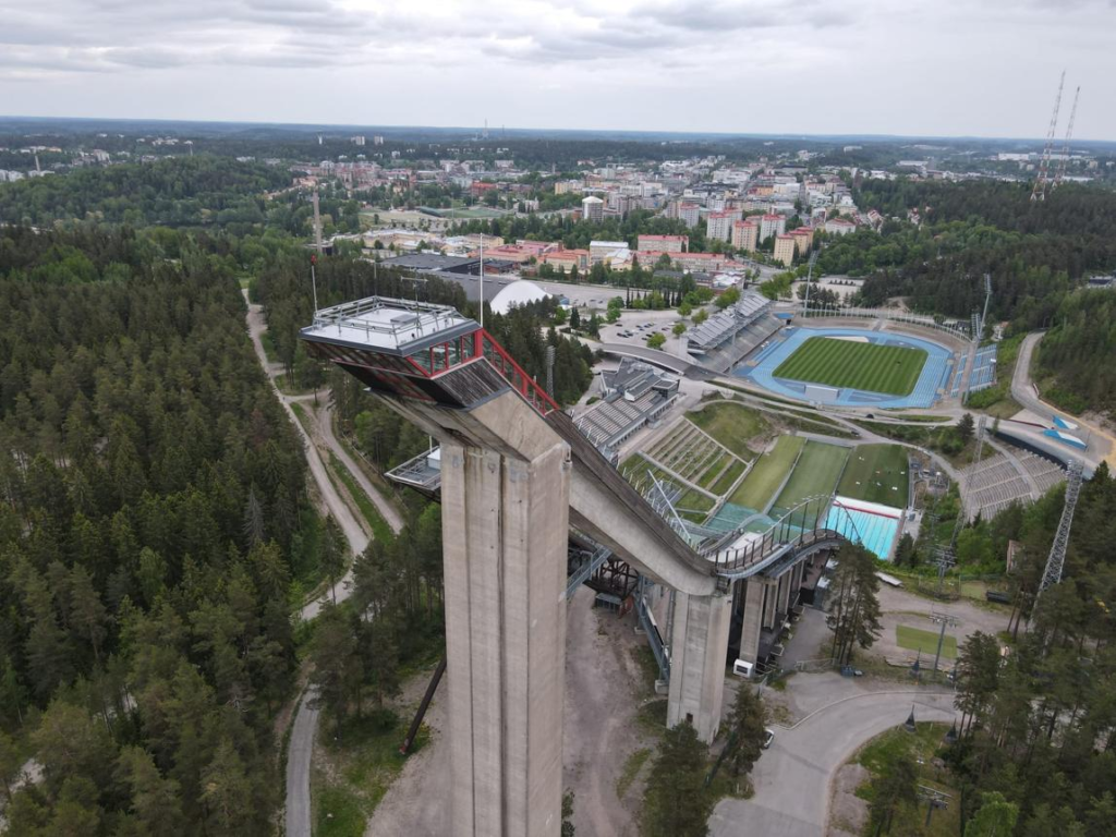 Iconic ski jump tower in Lahti, Finland.