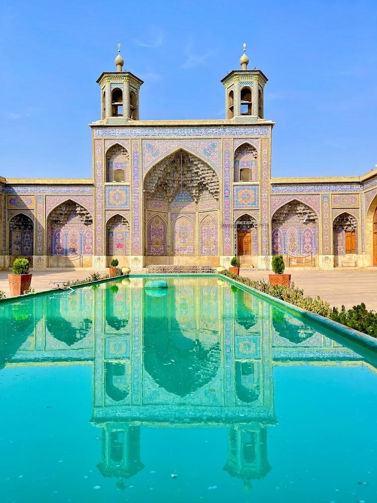 Interior of the colorful Nasir al-Mulk Mosque in Shiraz, Iran.
