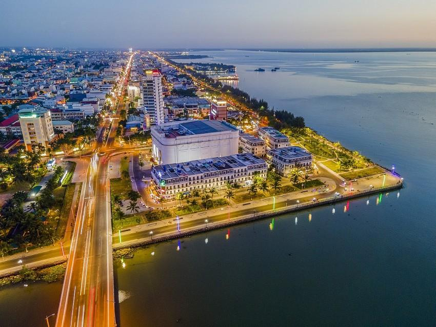 Coastal waterfront scenery in Rach Gia, Kien Giang, Vietnam.