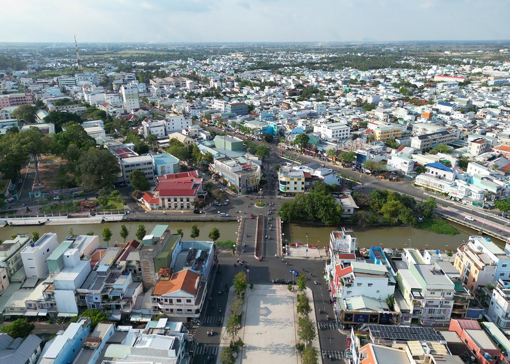 Urban streets and buildings in Rach Gia, Kien Giang, Vietnam.