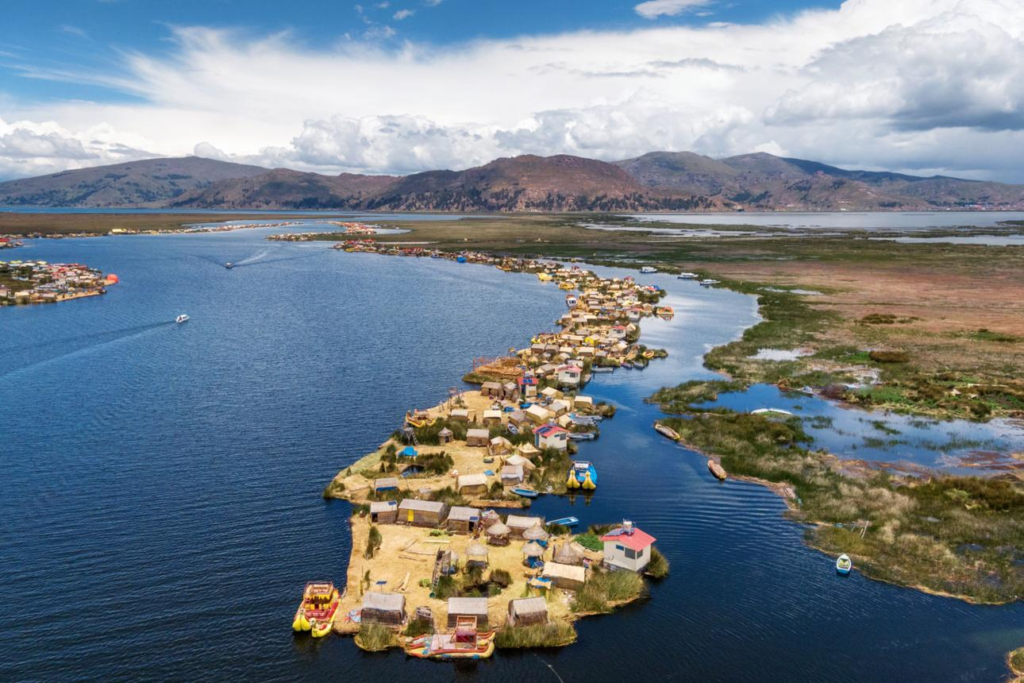 Floating Uros Islands on Lake Titicaca near Puno, Peru.