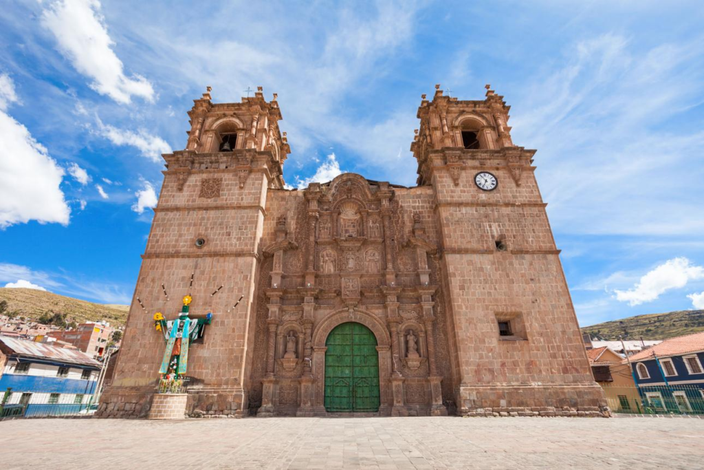 Historic Puno Cathedral in the city center of Puno, Peru.