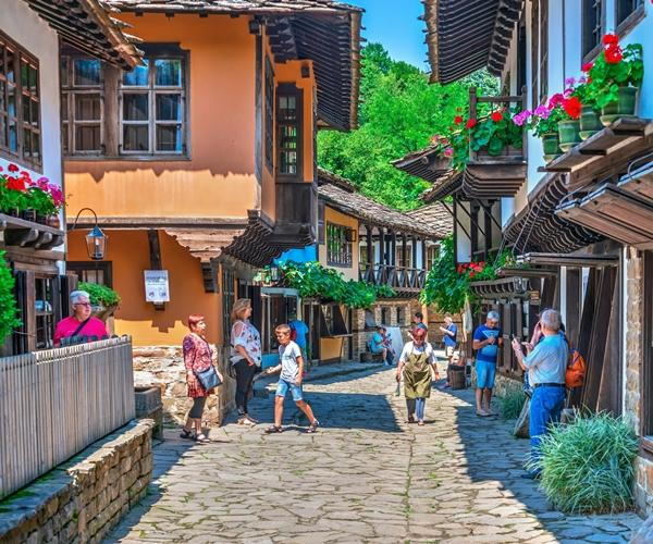 Traditional village street with historic architecture.
