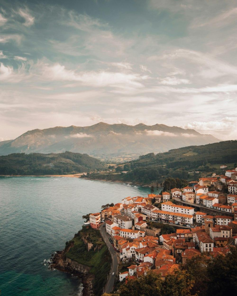 Coastal village landscape with sea views.