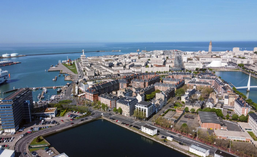 Waterfront and harbor landscape of Le Havre, France.