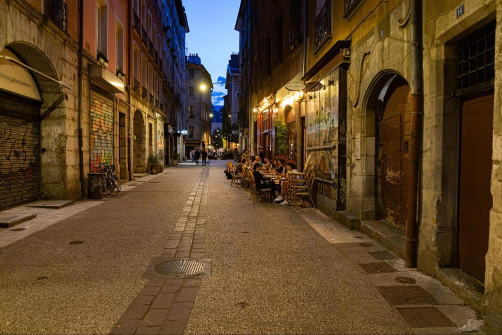 Historic streets and architecture in Grenoble, France.