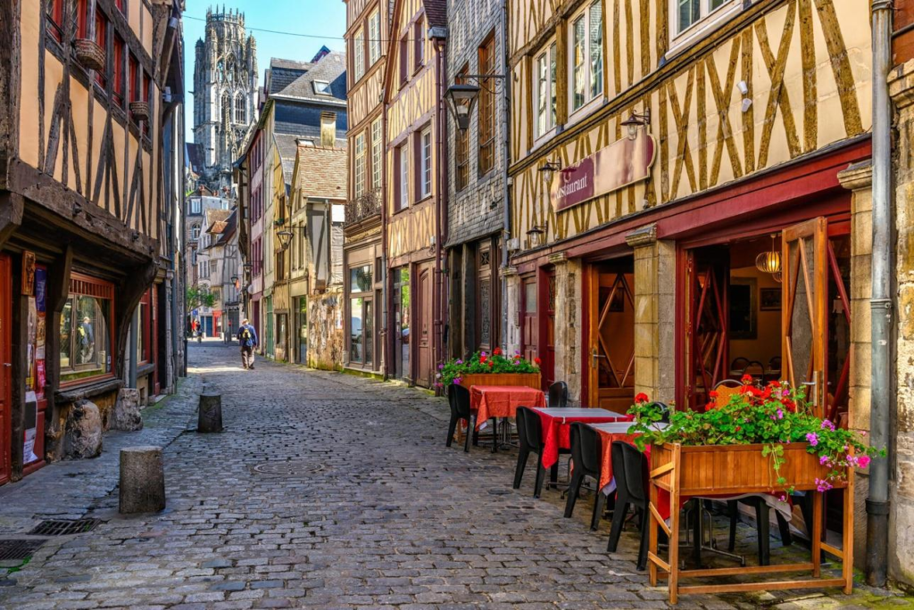 Medieval streets and timber-framed buildings in Rouen, France.
