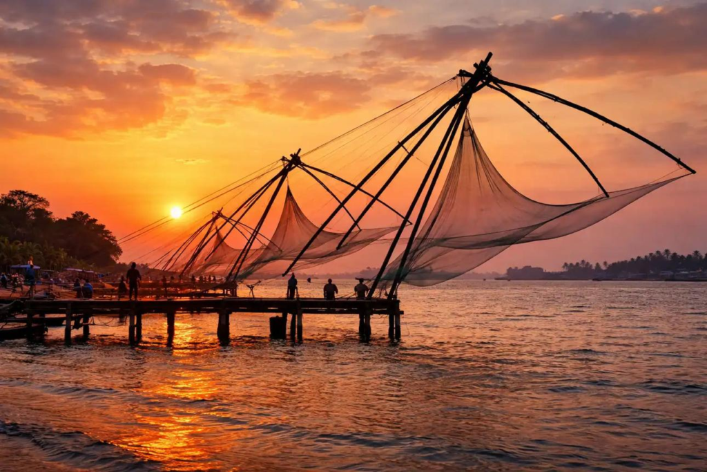 Traditional Chinese fishing nets on the Kochi waterfront, Kerala.