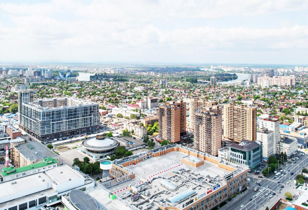Modern skyline and city streets of Krasnodar, Russia.