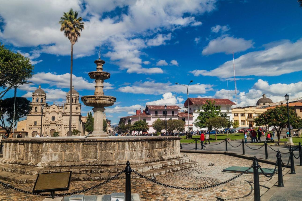 Historic Plaza de Armas in Cajamarca Peru.