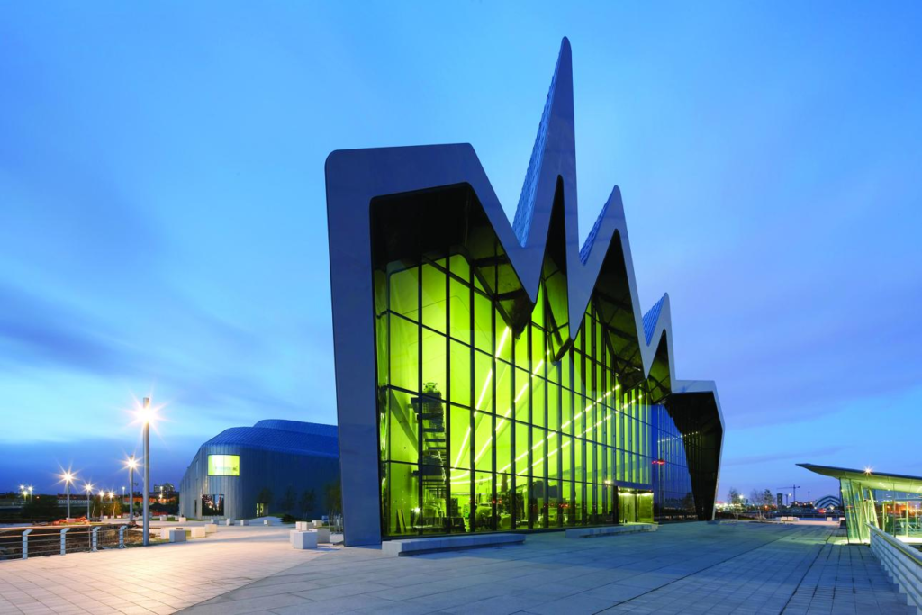 Riverside Museum architecture beside the River Clyde in Glasgow Scotland.