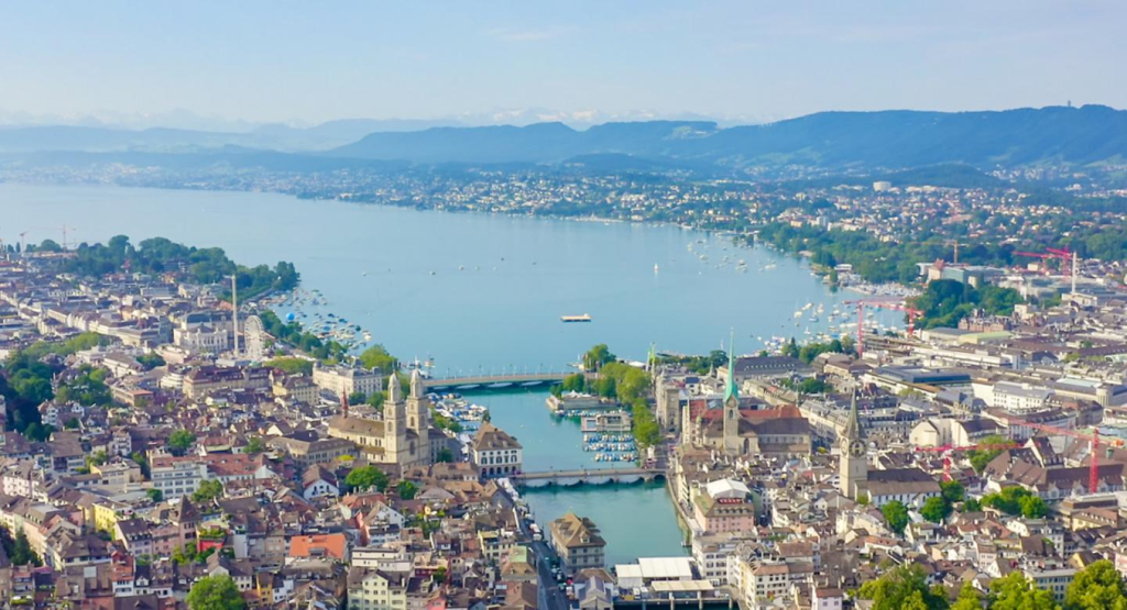 Lake Zurich and city skyline in Switzerland.