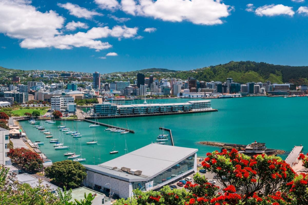 Wellington waterfront and harbour in New Zealand.