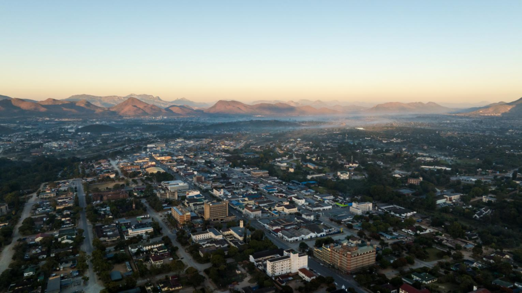 A panoramic aerial view of Mutare showing the cityscape nestled in the Eastern Highlands of Zimbabwe.