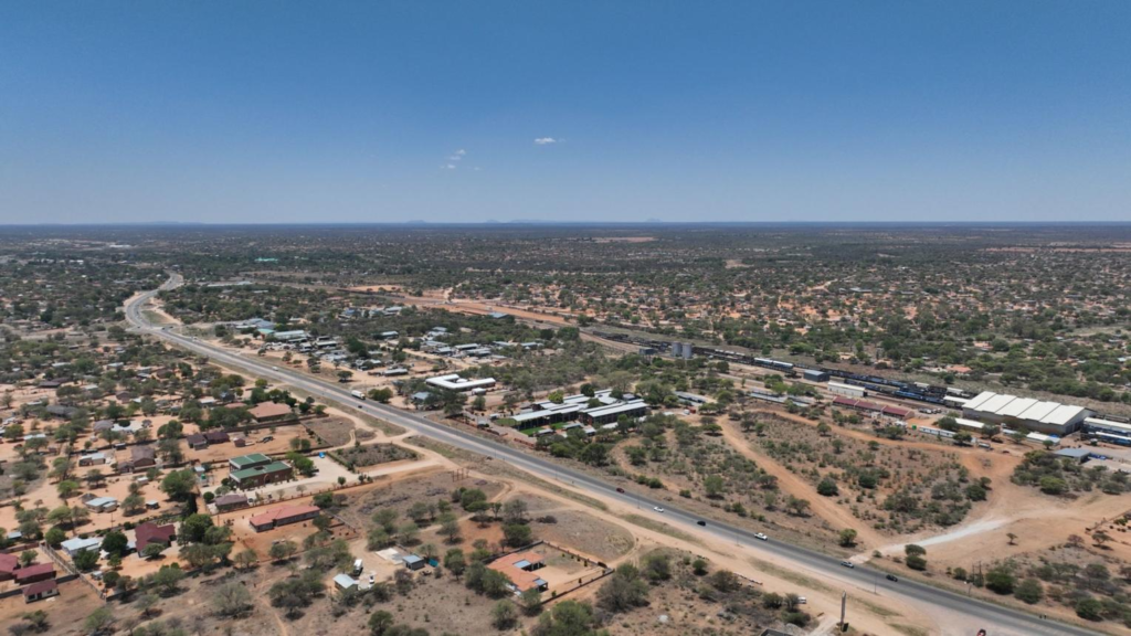 A panoramic aerial view of Mahalapye showing the town, surrounding countryside, and landscapes in Central District, Botswana.