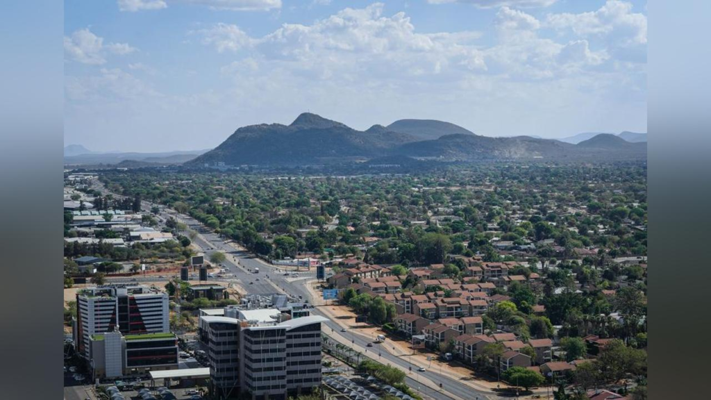 A panoramic aerial view of Francistown showing the cityscape, urban areas, and surrounding landscapes in Botswana.