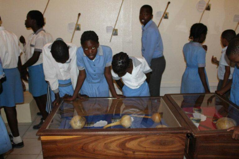 Visitors exploring the Supa Ngwao Museum in Francistown, Botswana, showcasing cultural exhibits and local heritage.