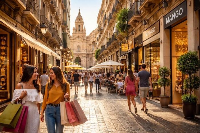 Visitors walking through streets in Murcia with local shops, cafés, and pedestrian activity in the historic town center.