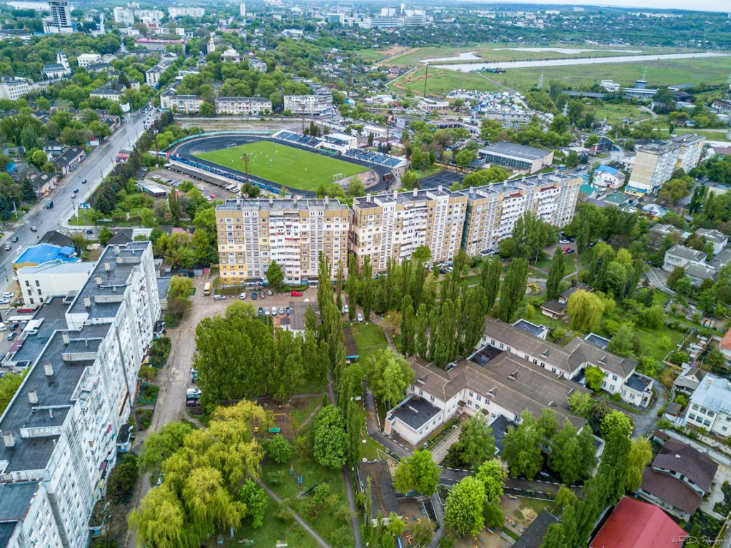 A panoramic aerial view of Bălți showing the cityscape, urban layout, and surrounding areas in Moldova.