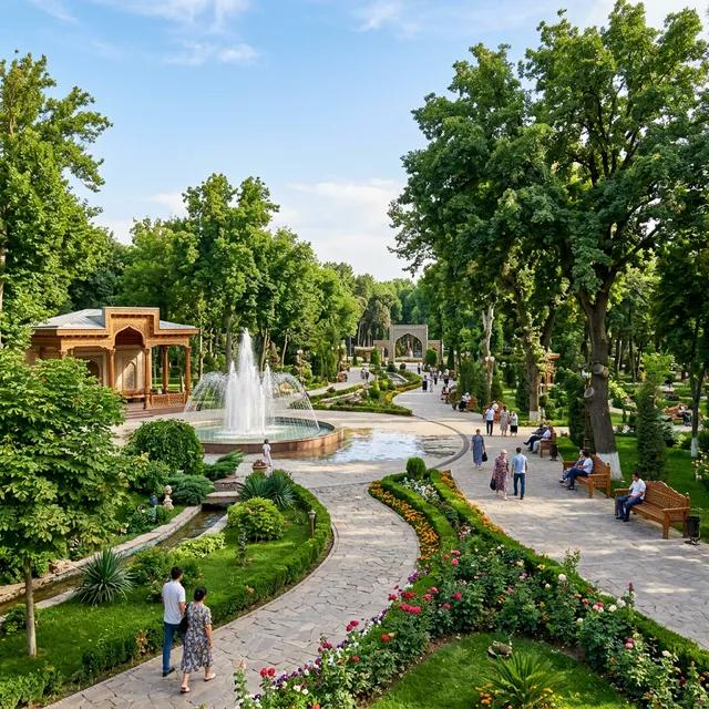 Visitors enjoying Babur Park in Andijan, Uzbekistan, a historic and recreational landmark.