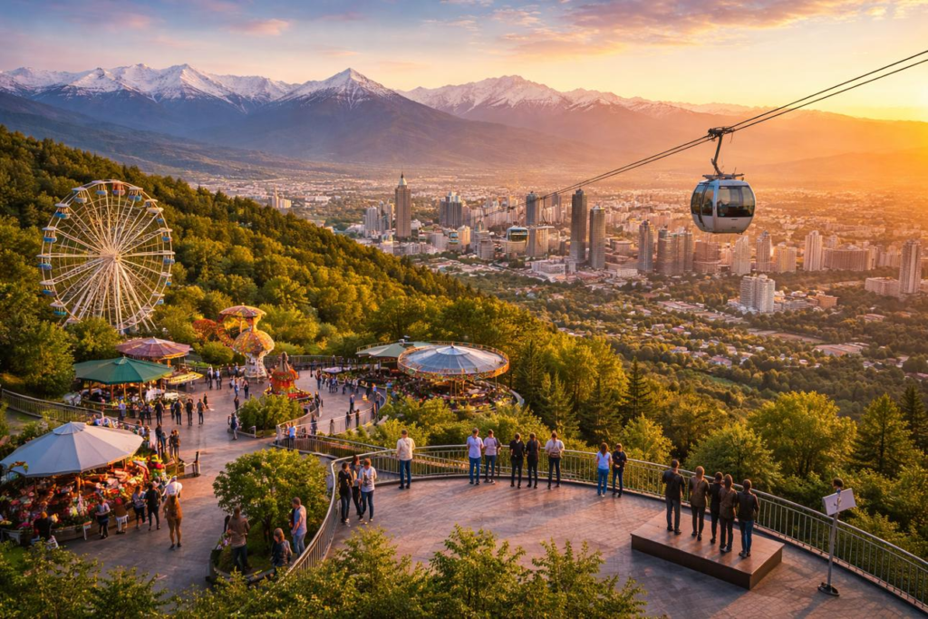 Tourists visiting Kok Tobe hill in Almaty with city views and the mountains in the background.