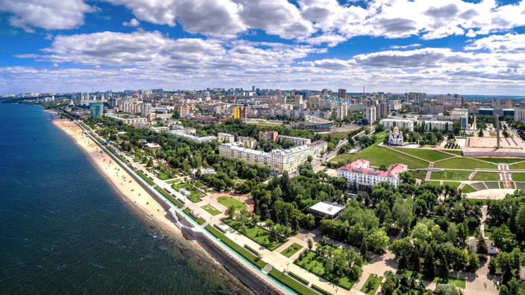 A panoramic aerial view of Samara showing the cityscape and the Volga River embankment in Russia.