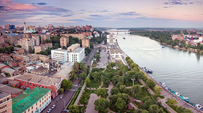 A panoramic aerial view of Rostov-on-Don showing the cityscape and Don River embankment in Russia.