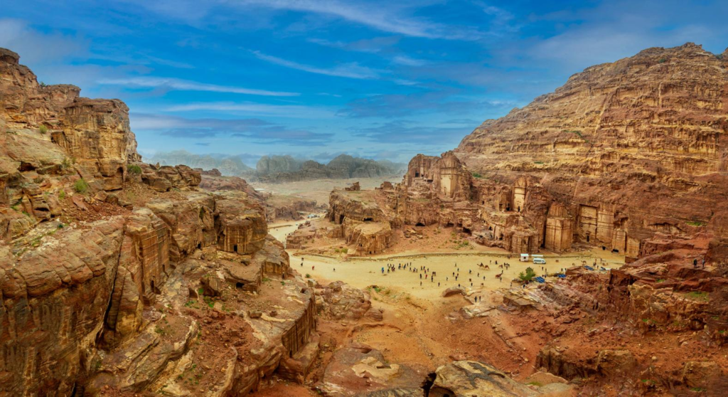 Panoramic view of Petra in Jordan showing its historic rock-cut architecture