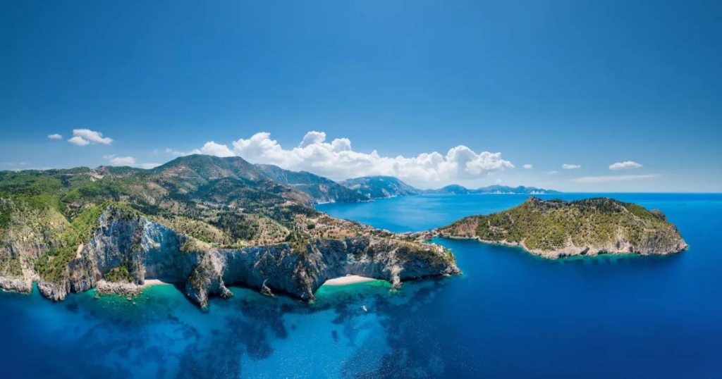 Aerial view of Greece showing islands, mountains, and coastal landscapes