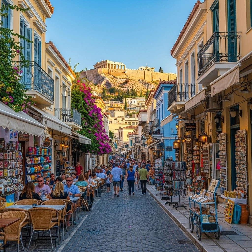 People walking through Plaka neighborhood streets in Athens with shops, cafés, and historic buildings