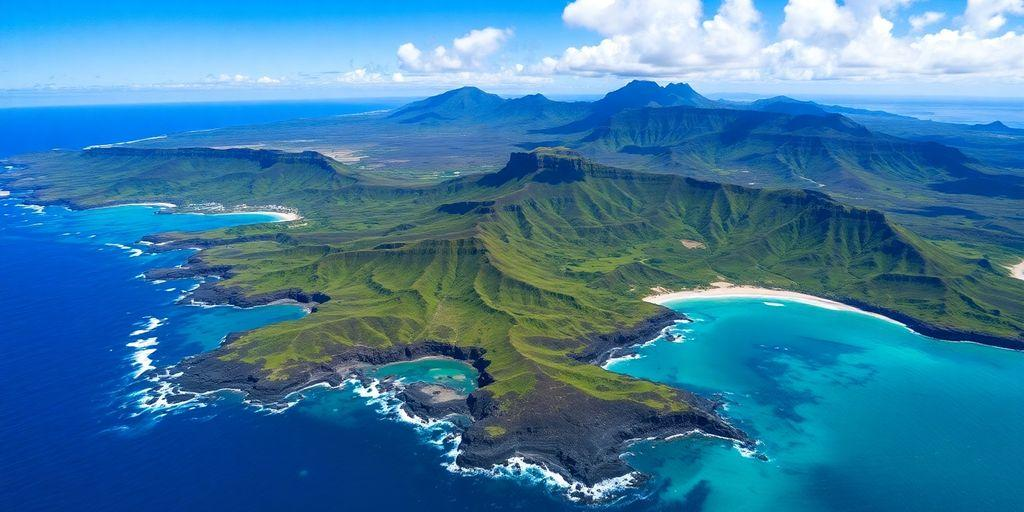Aerial view of Hawaii showing islands, beaches, and volcanic mountains