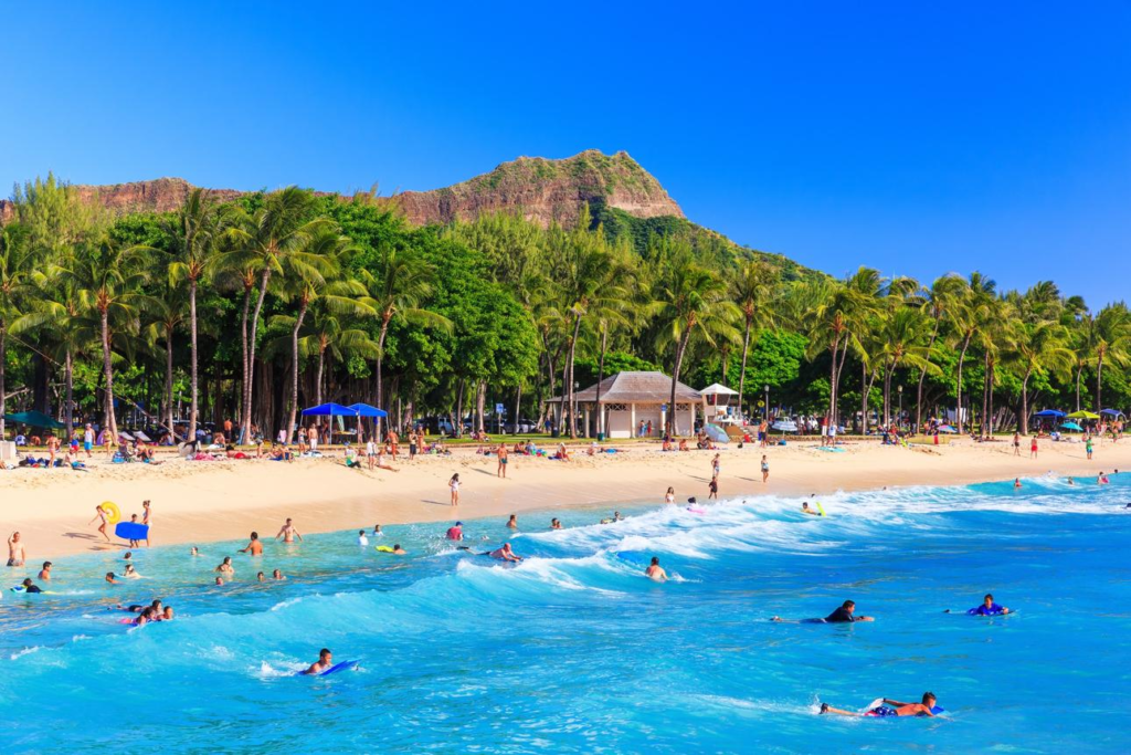 Tourists enjoying sandy beaches, palm trees, and ocean waves in Hawaii