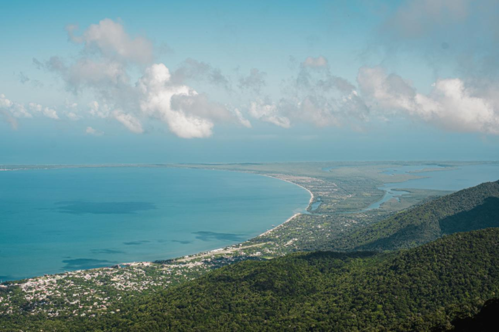 Aerial view of Honduras showing mountains, coastal areas, and the Caribbean Sea