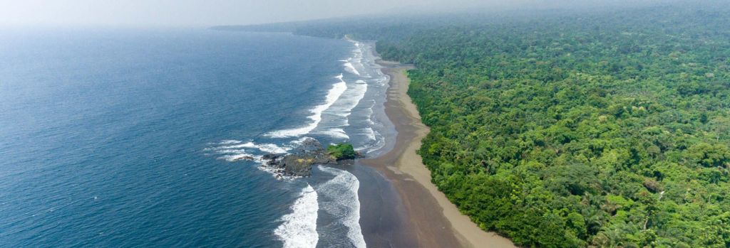 Aerial view of Equatorial Guinea showing islands, forests, and coastal landscapes